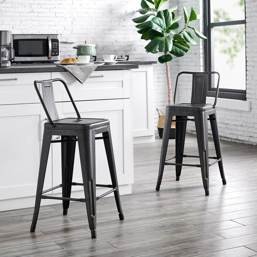 English Elm 24"metal Barstools Set of 4 Matte Black Barrel Back Country Rustic Kitchen Island B347P532598