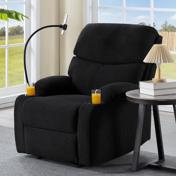 English Elm Adjustable Manual Recliner Solid Wood Frame Ergonomic Lounge Chair with Cup and Phone Holders Black B347P533389