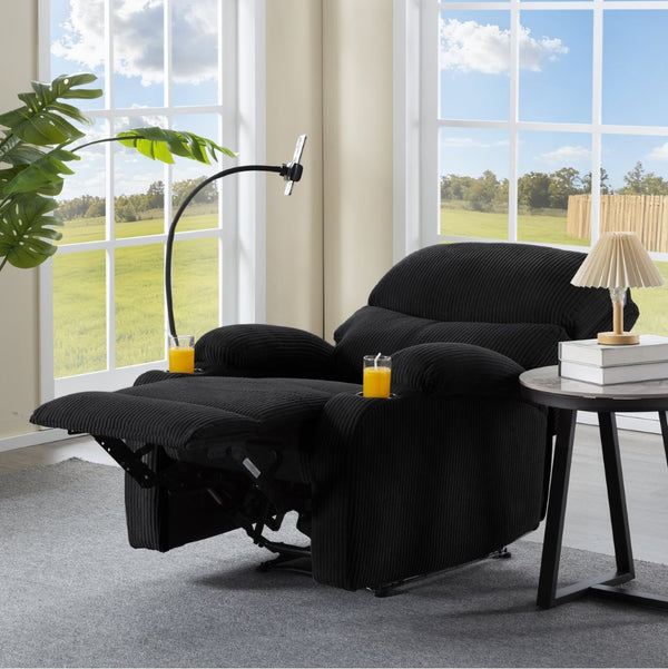 English Elm Adjustable Manual Recliner Solid Wood Frame Ergonomic Lounge Chair with Cup and Phone Holders Black B347P533389