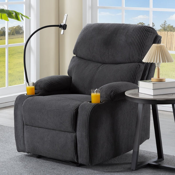 English Elm Adjustable Manual Recliner Solid Wood Frame Ergonomic Lounge Chair with Cup and Phone Holders Dark Gray B347P533391