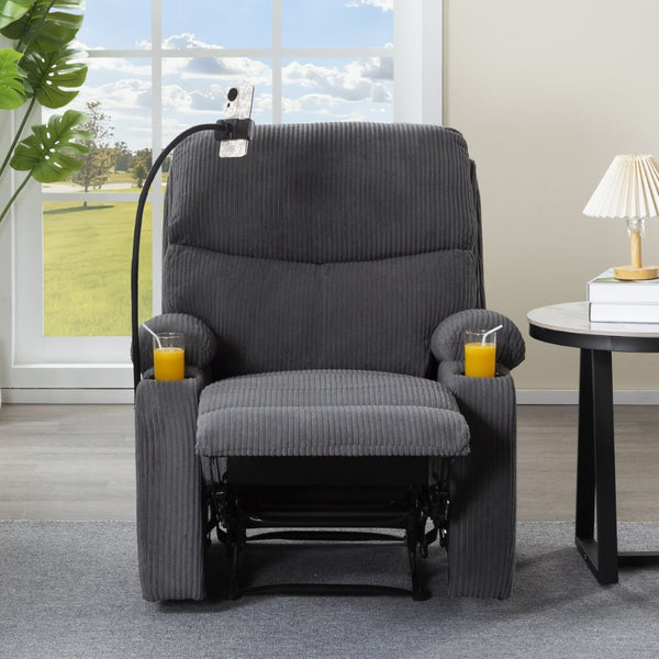 English Elm Adjustable Manual Recliner Solid Wood Frame Ergonomic Lounge Chair with Cup and Phone Holders Dark Gray B347P533391