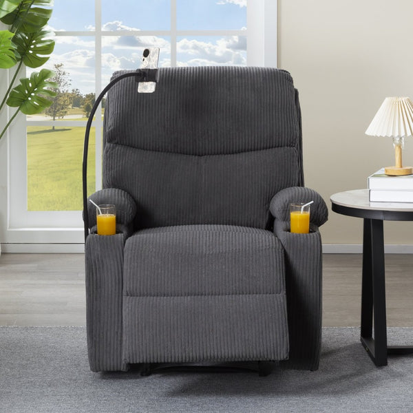 English Elm Adjustable Manual Recliner Solid Wood Frame Ergonomic Lounge Chair with Cup and Phone Holders Dark Gray B347P533391