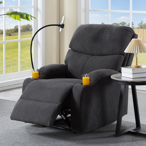 English Elm Adjustable Manual Recliner Solid Wood Frame Ergonomic Lounge Chair with Cup and Phone Holders Dark Gray B347P533391