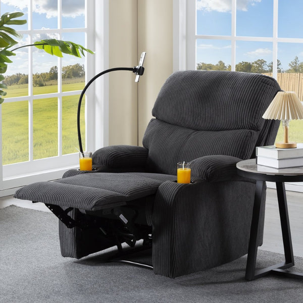 English Elm Adjustable Manual Recliner Solid Wood Frame Ergonomic Lounge Chair with Cup and Phone Holders Dark Gray B347P533391