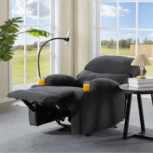 English Elm Adjustable Manual Recliner Solid Wood Frame Ergonomic Lounge Chair with Cup and Phone Holders Dark Gray B347P533391