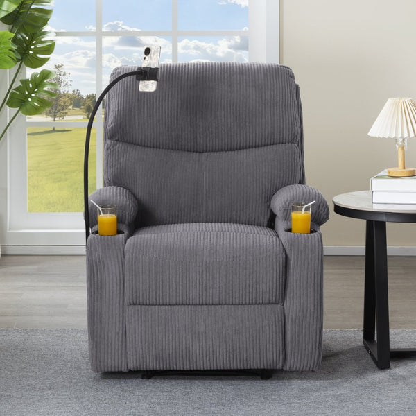 English Elm Adjustable Manual Recliner Solid Wood Frame Ergonomic Lounge Chair with Cup and Phone Holders Light Gray B347P533394