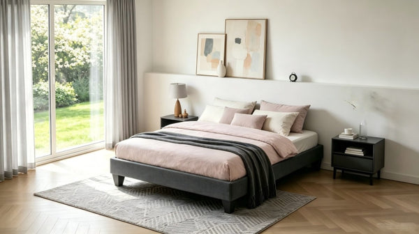 English Elm Contemporary Grey Linen Upholstered Platform Bed with Geometric Legs No Box Spring B347P534649