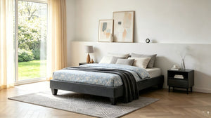 English Elm Contemporary Grey Linen Upholstered Platform Bed with Geometric Legs No Box Spring B347P534649