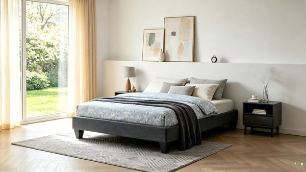English Elm Contemporary Grey Linen Polyester Platform Bed Solid Wood Frame Geometric Legs B347P534656