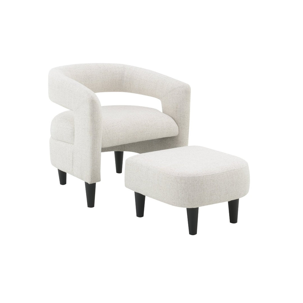 English Elm Curved Wraparound Armchair with Ottoman Beige Upholstery Tapered Wood Legs Lounge Set B347P534712