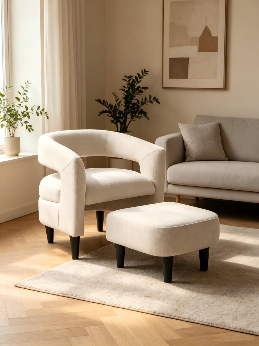 English Elm Curved Wraparound Armchair with Ottoman Beige Upholstery Tapered Wood Legs Lounge Set B347P534712