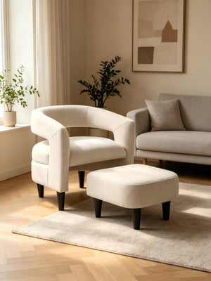 English Elm Curved Wraparound Armchair with Ottoman Beige Upholstery Tapered Wood Legs Lounge Set B347P534712