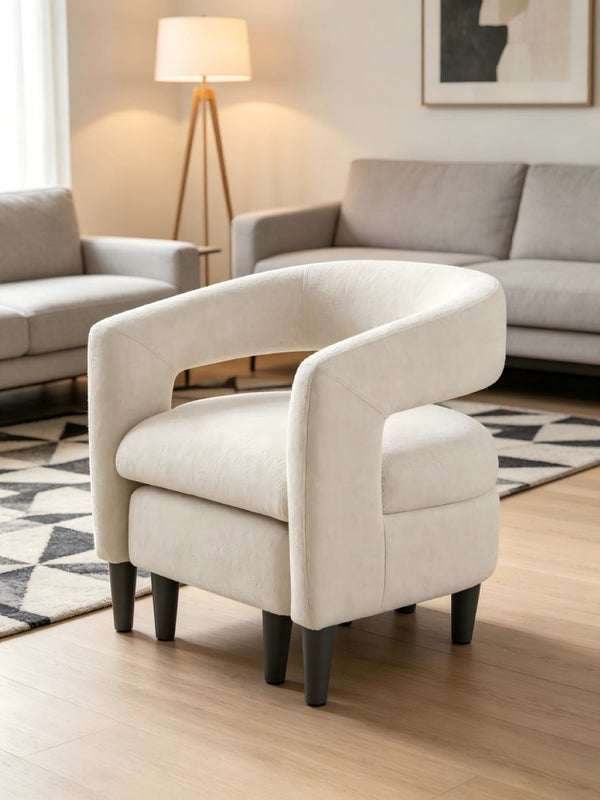 English Elm Curved Wraparound Armchair with Ottoman Beige Upholstery Tapered Wood Legs Lounge Set B347P534712