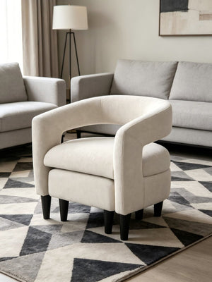 English Elm Curved Wraparound Armchair with Ottoman Beige Upholstery Tapered Wood Legs Lounge Set B347P534712