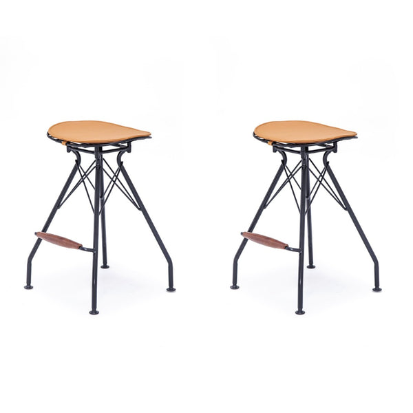 English Elm 24 Inch Industrial Farmhouse Counter Stools Set of 2 with Faux Leather Seats and Wood Footrest Orange B347P535315