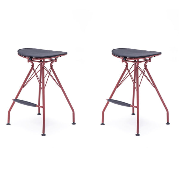 English Elm 24 Inch Industrial Farmhouse Counter Stools Set of 2 with Faux Leather Seats and Wood Footrest Grey+Red B347P535318