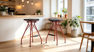 English Elm 24 Inch Industrial Farmhouse Counter Stools Set of 2 with Faux Leather Seats and Wood Footrest Grey+Red B347P535318