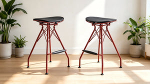 English Elm 24 Inch Industrial Farmhouse Counter Stools Set of 2 with Faux Leather Seats and Wood Footrest Grey+Red B347P535318