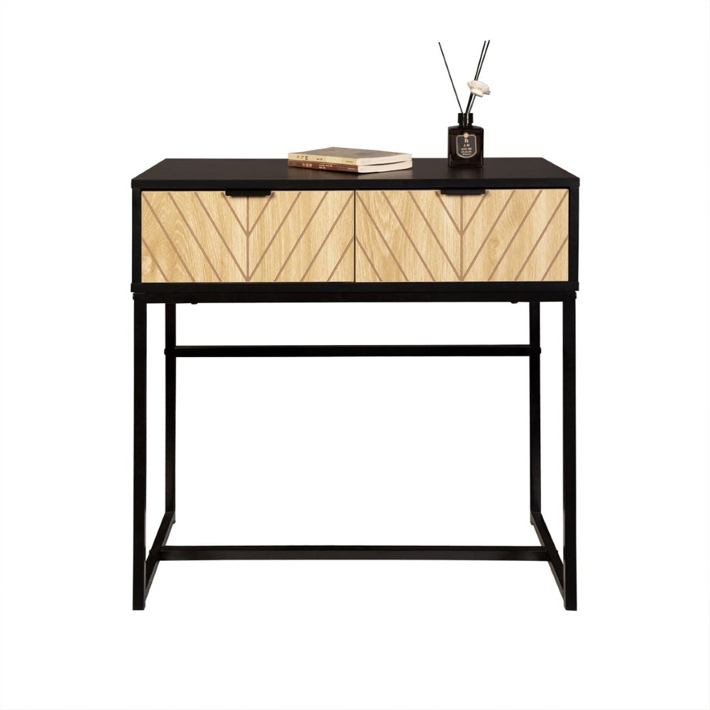English Elm Modern Chevron Wood Drawer Console Table Matte Black Metal Frame Entryway Accent B347P535500
