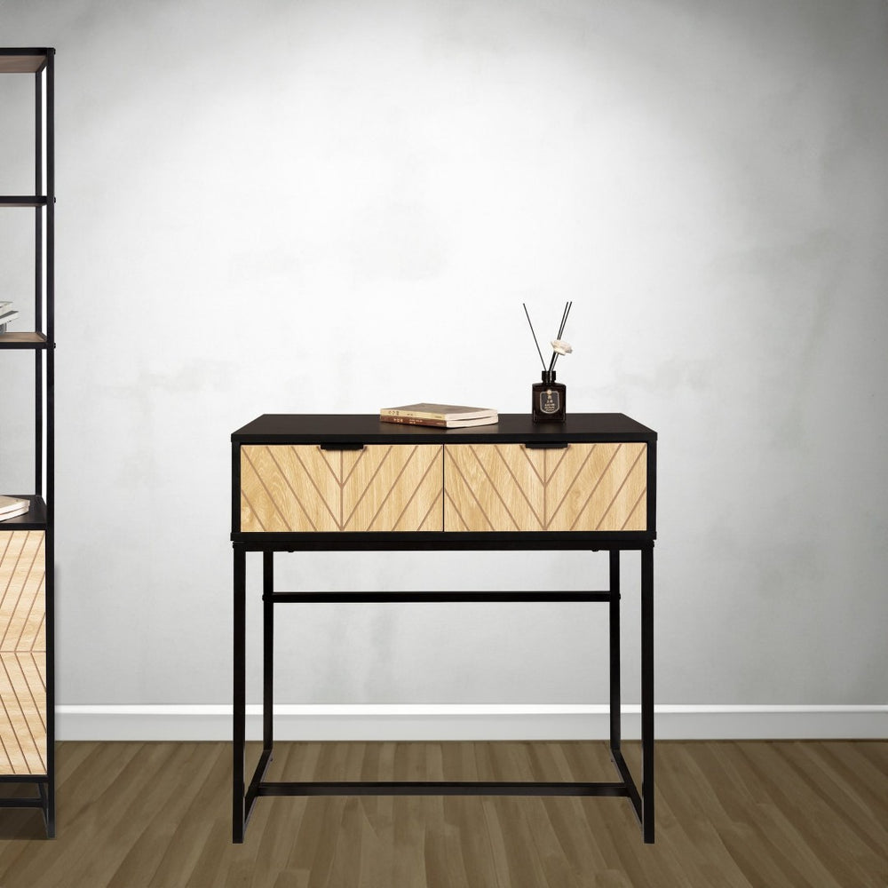 English Elm Modern Chevron Wood Drawer Console Table Matte Black Metal Frame Entryway Accent B347P535500