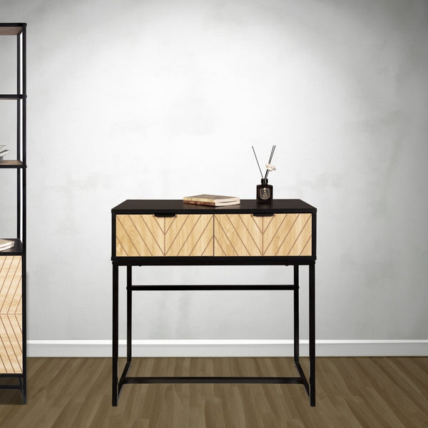 English Elm Modern Chevron Wood Drawer Console Table Matte Black Metal Frame Entryway Accent B347P535500