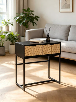 English Elm Modern Chevron Wood Drawer Console Table Matte Black Metal Frame Entryway Accent B347P535500
