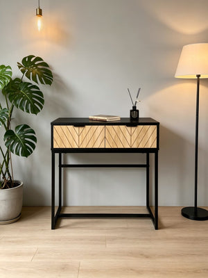English Elm Modern Chevron Wood Drawer Console Table Matte Black Metal Frame Entryway Accent B347P535500