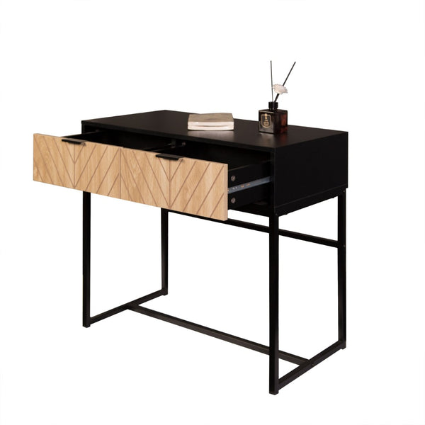 English Elm Modern Chevron Wood Drawer Console Table Matte Black Metal Frame Entryway Accent B347P535500