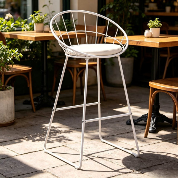 English Elm 2pcs Industrial Counter Stools Faux Leather Padded Seat Hollow Curved Metal Backrest White B347P537577