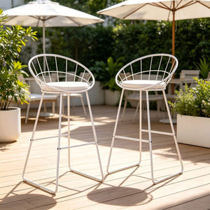 English Elm 2pcs Industrial Counter Stools Faux Leather Padded Seat Hollow Curved Metal Backrest White B347P537577
