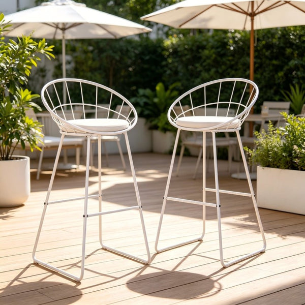 English Elm 2pcs Industrial Counter Stools Faux Leather Padded Seat Hollow Curved Metal Backrest White B347P537577