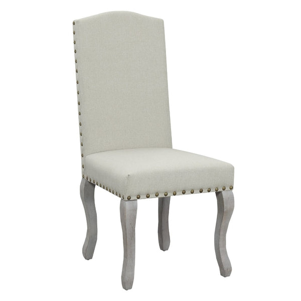 English Elm Set of 2 Beige Linen Dining Chairs Nailhead Trim Carved Wood Legs Victorian Style B347P537609