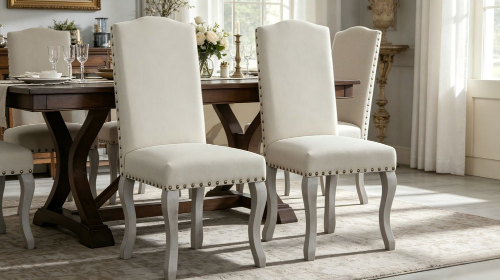 English Elm Set of 2 Beige Linen Dining Chairs Nailhead Trim Carved Wood Legs Victorian Style B347P537609