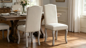 English Elm Set of 2 Beige Linen Dining Chairs Nailhead Trim Carved Wood Legs Victorian Style B347P537609