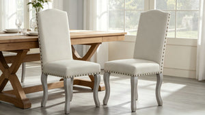 English Elm Set of 2 Beige Linen Dining Chairs Nailhead Trim Carved Wood Legs Victorian Style B347P537609