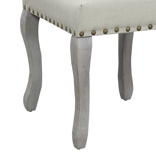 English Elm Set of 2 Beige Linen Dining Chairs Nailhead Trim Carved Wood Legs Victorian Style B347P537609