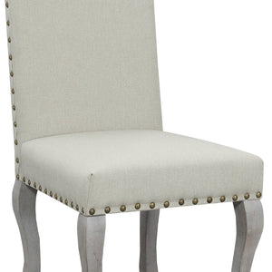 English Elm Set of 2 Beige Linen Dining Chairs Nailhead Trim Carved Wood Legs Victorian Style B347P537609