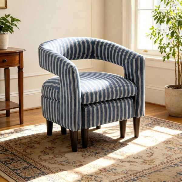 English Elm Coastal Pinstripe Upholstered Accent Chair with Ottoman Solid Wood Legs Reading Nook B347P537622