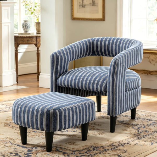 English Elm Coastal Pinstripe Upholstered Accent Chair with Ottoman Solid Wood Legs Reading Nook B347P537622