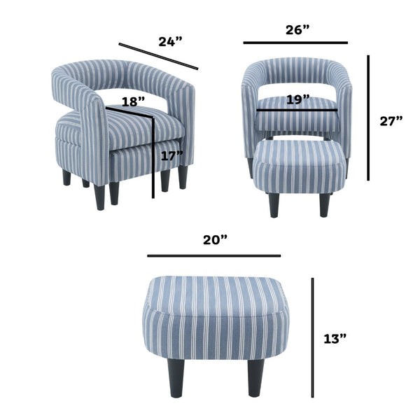 English Elm Coastal Pinstripe Upholstered Accent Chair with Ottoman Solid Wood Legs Reading Nook B347P537622