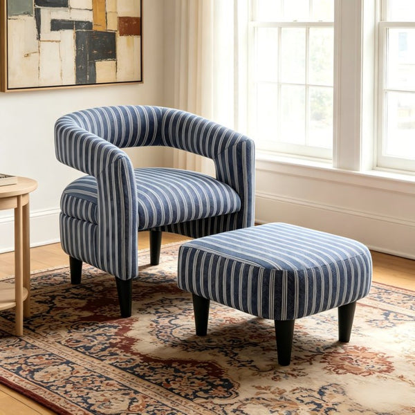 English Elm Coastal Pinstripe Upholstered Accent Chair with Ottoman Solid Wood Legs Reading Nook B347P537622