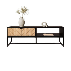 English Elm Modern Coastal Media Console with Natural Wood Drawer and Open Cubby for Living Room B347P542072