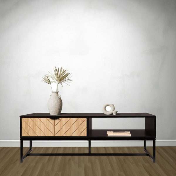 English Elm Modern Coastal Media Console with Natural Wood Drawer and Open Cubby for Living Room B347P542072