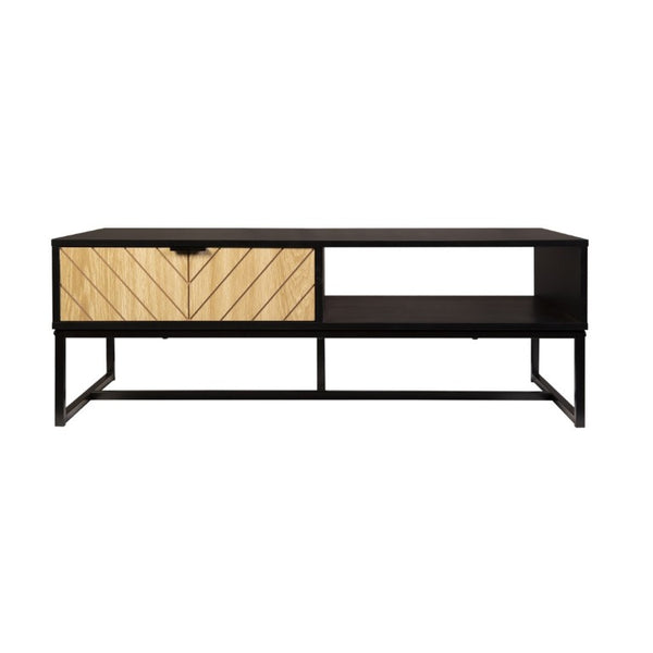 English Elm Modern Coastal Media Console with Natural Wood Drawer and Open Cubby for Living Room B347P542072