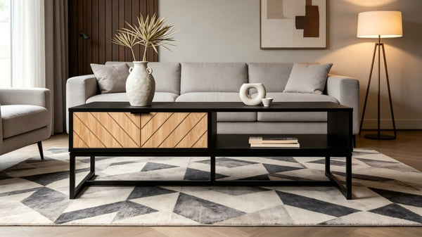 English Elm Modern Coastal Media Console with Natural Wood Drawer and Open Cubby for Living Room B347P542072