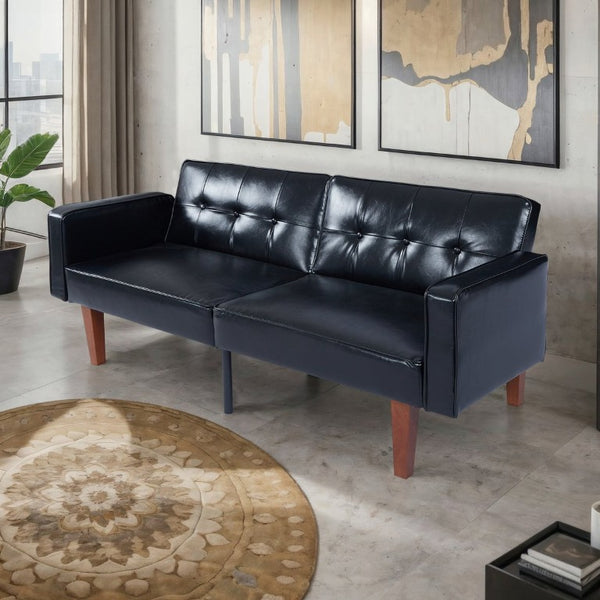 English Elm 68.11 Inch Button-Tufted PU Leather Futon Sofa Sleeper with Split-Back Reclining Design Glossy B347P569016