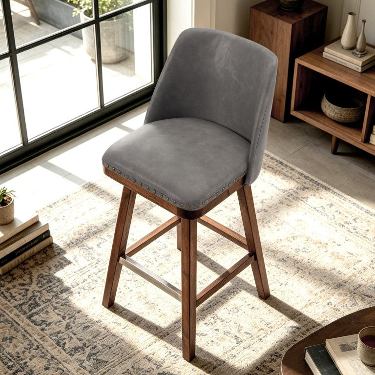 English Elm 360° Swivel PU Leather Counter Stool Solid Wood Frame for Kitchen Island or Home Bar B347P569048