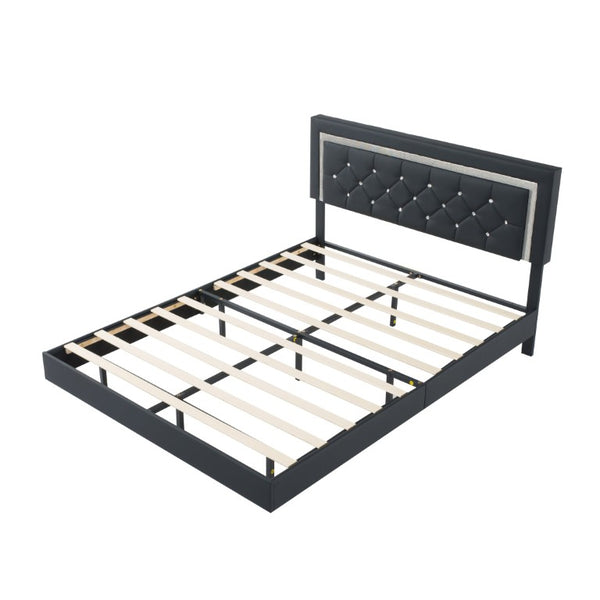 English Elm Queen Platform Bed Faux Leather Tufted Headboard with RGB LED Ambient Light Strip B347P569106