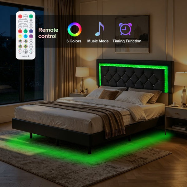 English Elm Queen Platform Bed Faux Leather Tufted Headboard with RGB LED Ambient Light Strip B347P569106