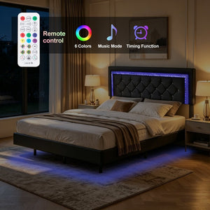 English Elm Queen Platform Bed Faux Leather Tufted Headboard with RGB LED Ambient Light Strip B347P569106